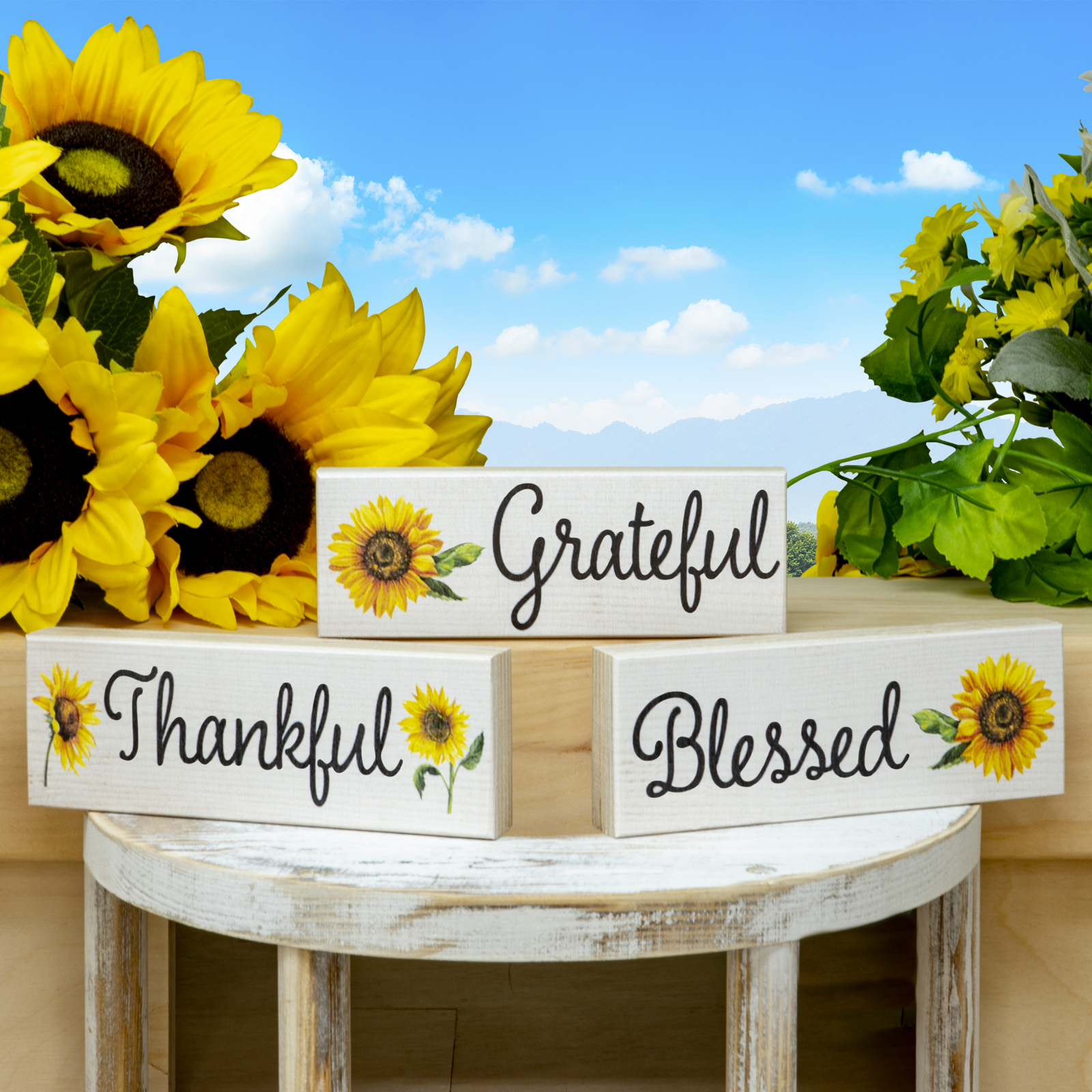 JennyGems Sunflower Decor, Grateful Thankful Blessed Wood Blocks,Farmhouse Decor