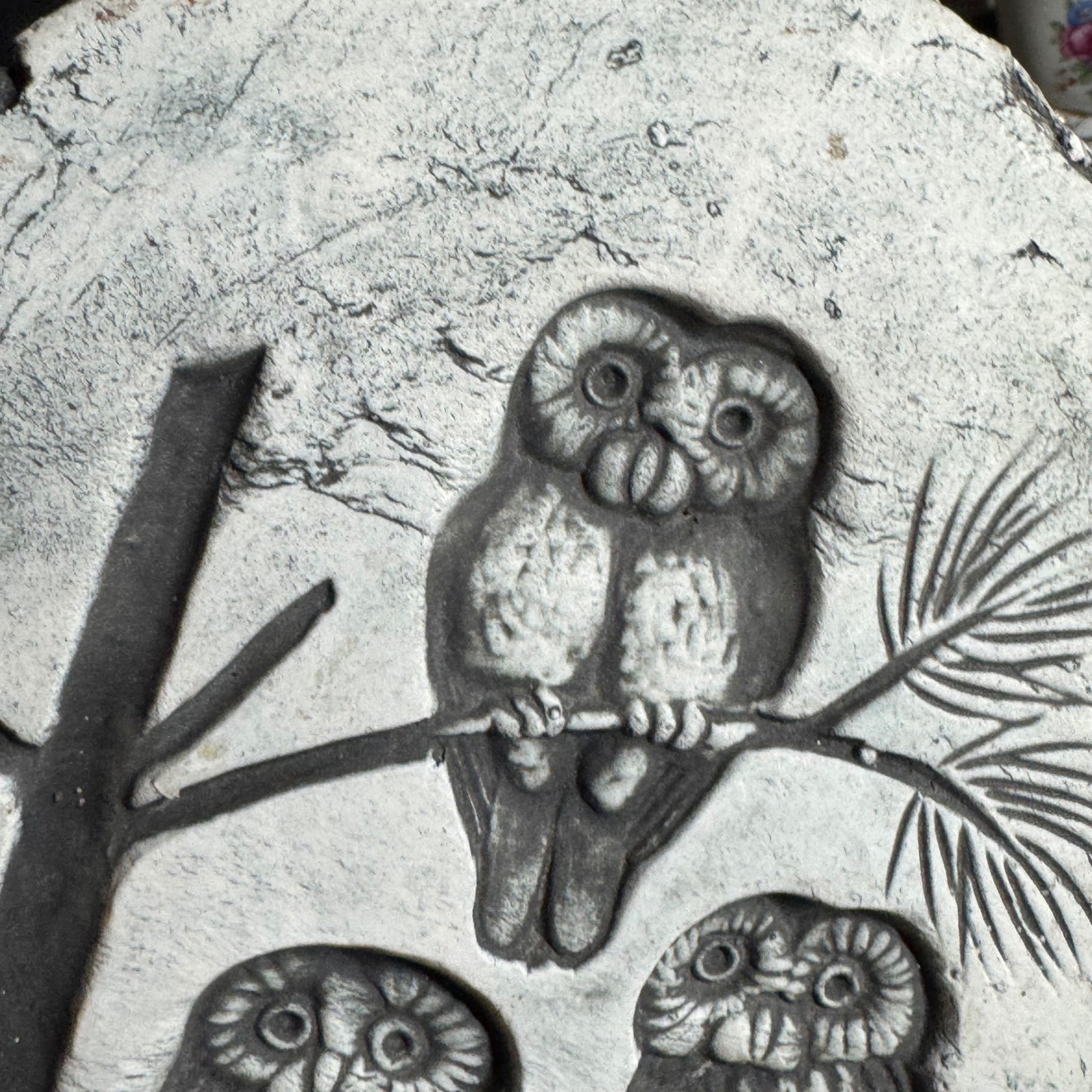 Vintage Signed Jan Three Owls on Pine Branch Stone Wall Plaque Rustic Decor 7.5″