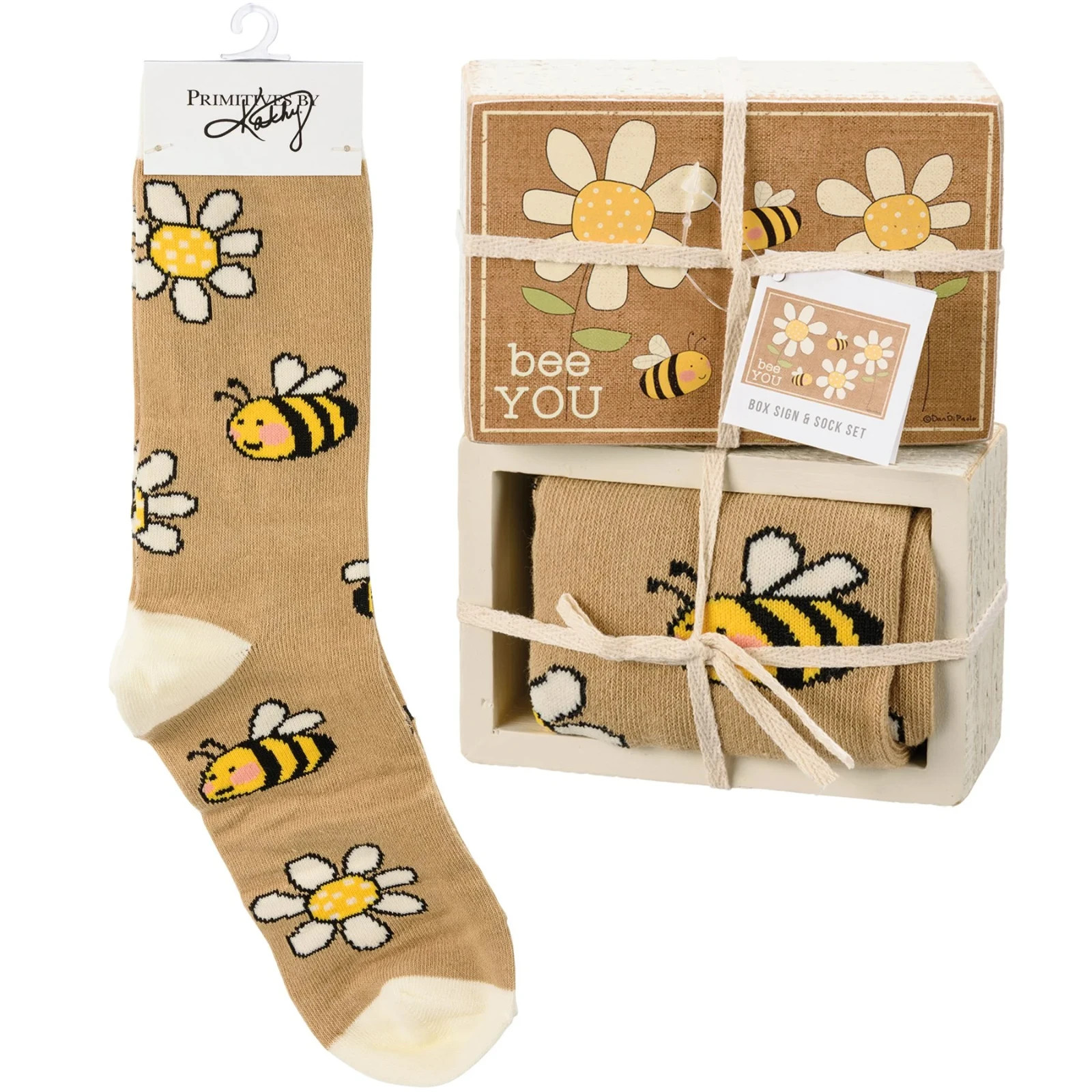 Primitives By Kathy BEE YOU Box Sign & Sock Set, Sign 4.50″ x 3″ NEW