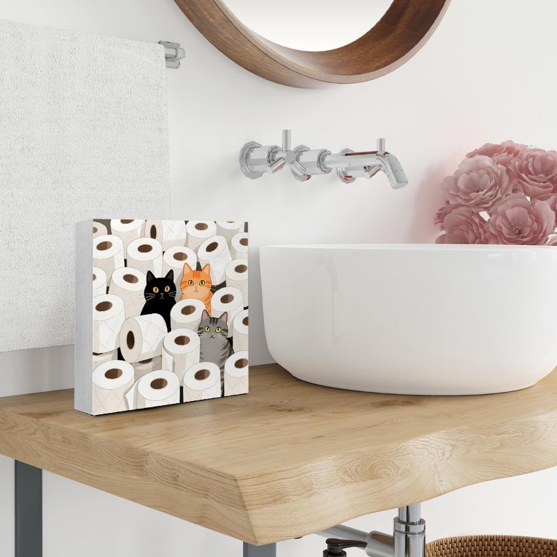 Funny Black Orange Gray Cats in Toilet Paper Rolls Bathroom Wooden Box Sign