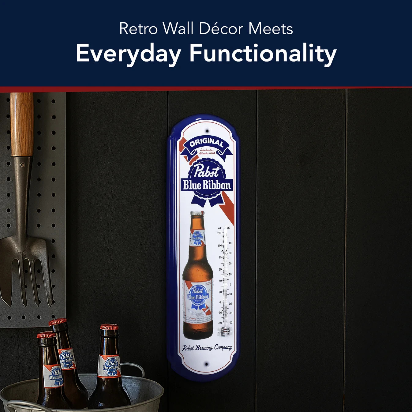 Pabst Blue Ribbon Metal Thermometer Wall Sign Retro Beer Bar Garage Man Cave