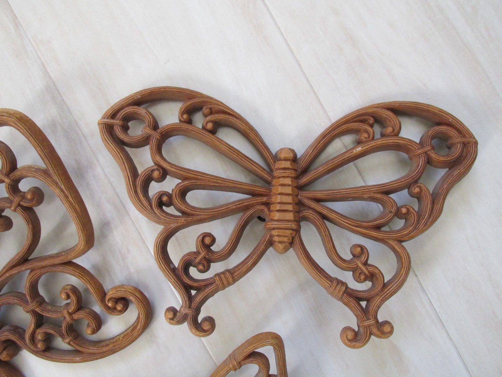 Vintage 1978 Butterfly Wall Decor Set of 3 Brown Rattan Look Resin Homco Dart