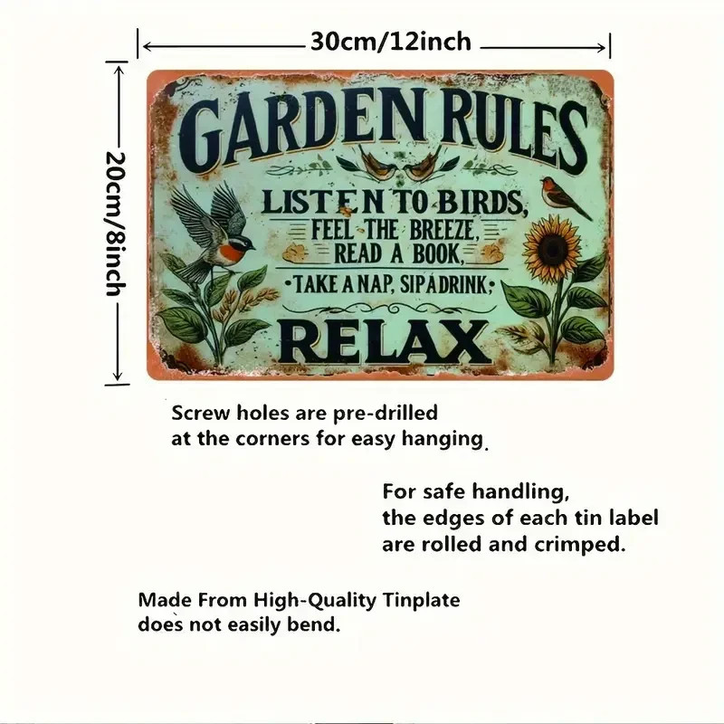 NEW 2D 8″x12″ Harmonious Garden Enthusiast Metal Sign “Garden Rules…Relax”