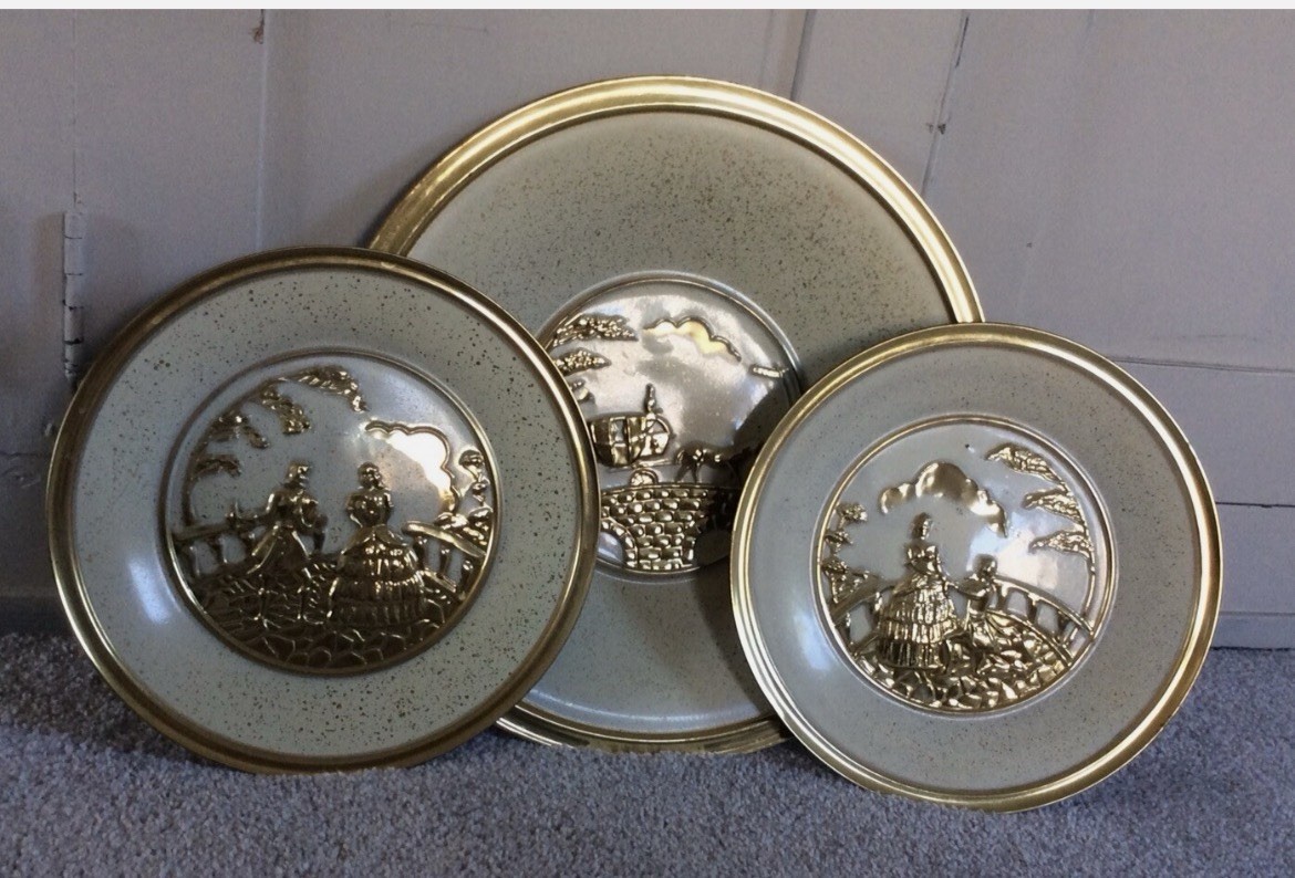 Vintage Brass Wall Art Plates Set of 3 Embossed Relief Scenes 14” & 10”