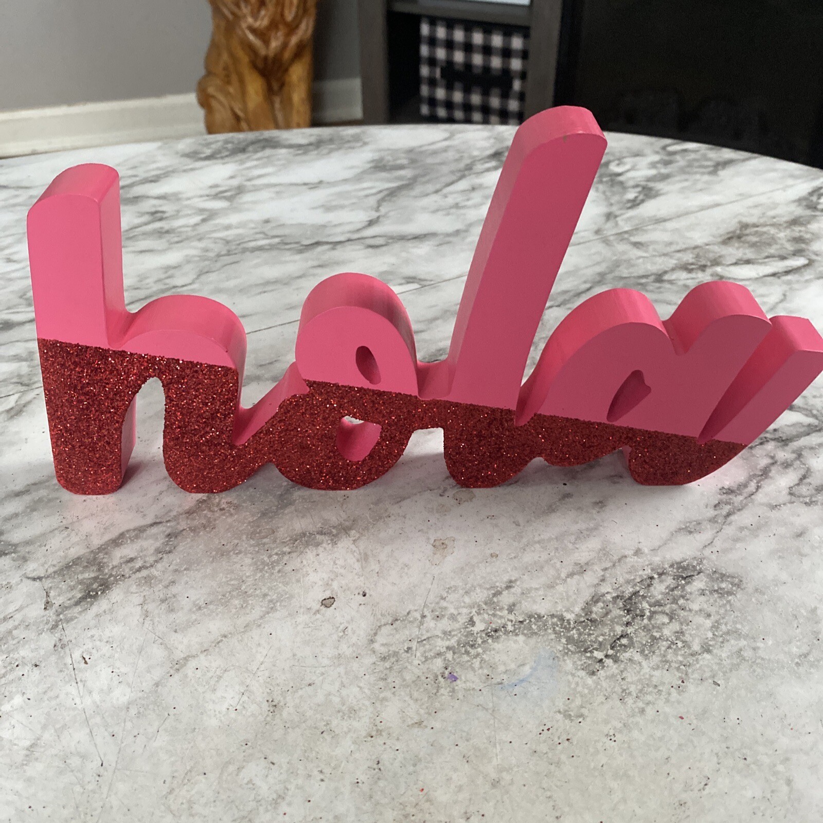 Wood Sign “Hola” Pink and Red Glitter, 6″ tall 1″ Thick.