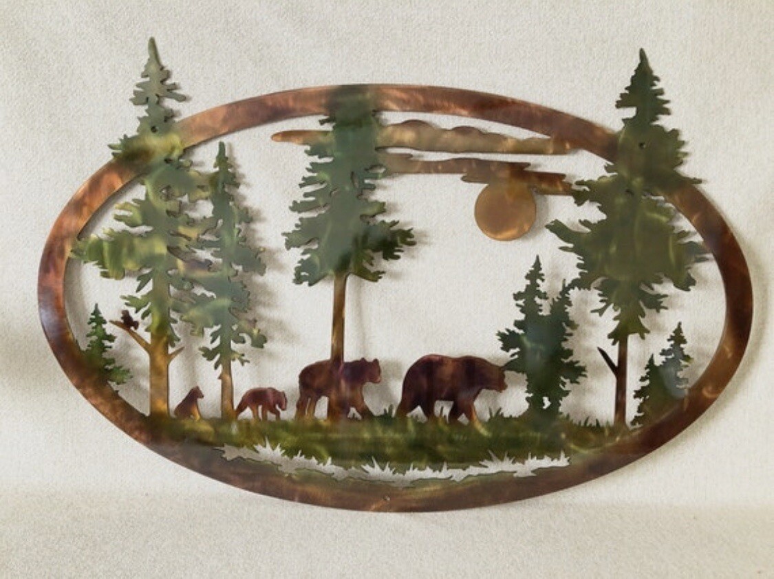 Bears And Trees Wildlife Cabin Metal Wall Art Rustic Home Decor Gifts