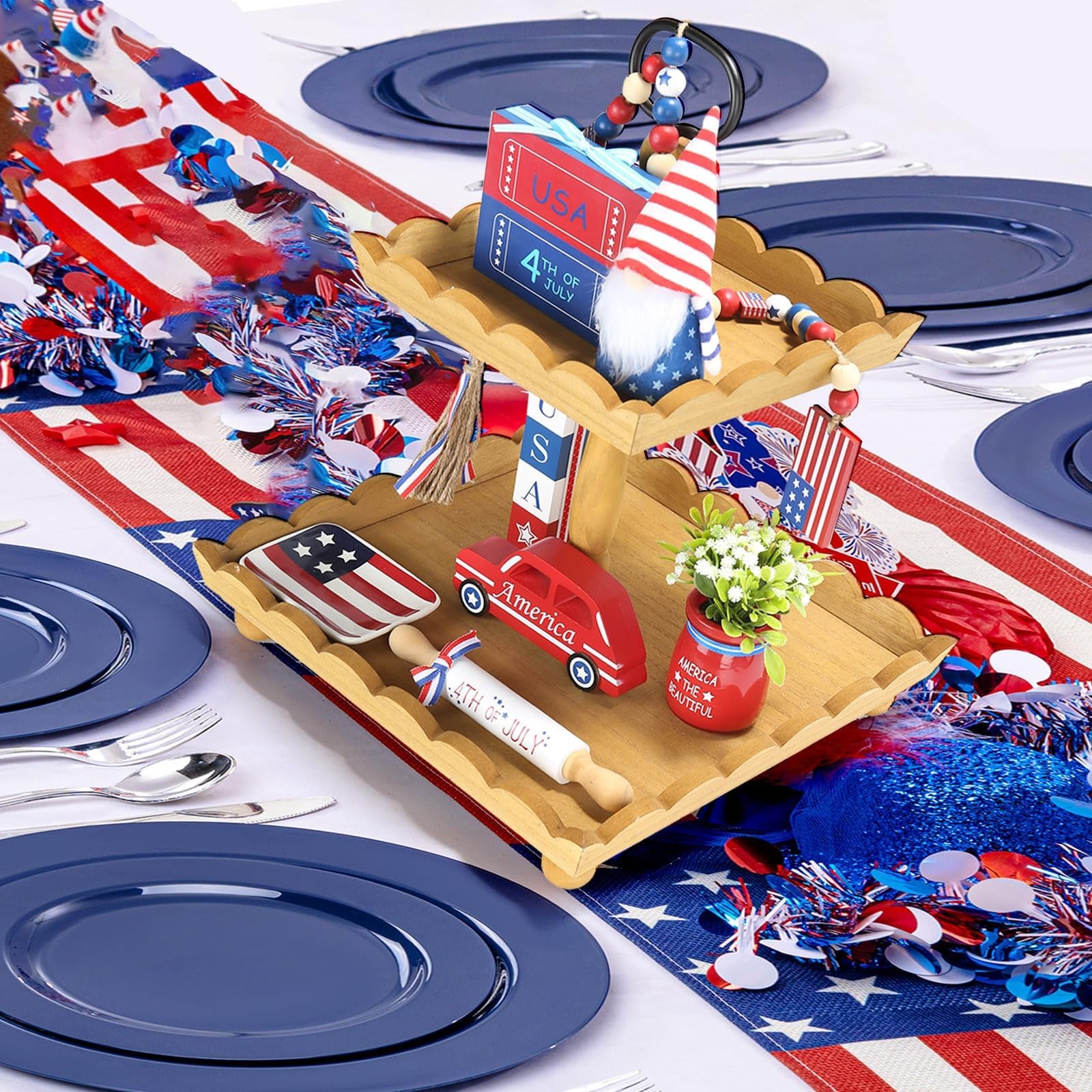 4th of July Decorations Patriotic Tiered Tray Decor Set, 8 Pcs Fourth of July…