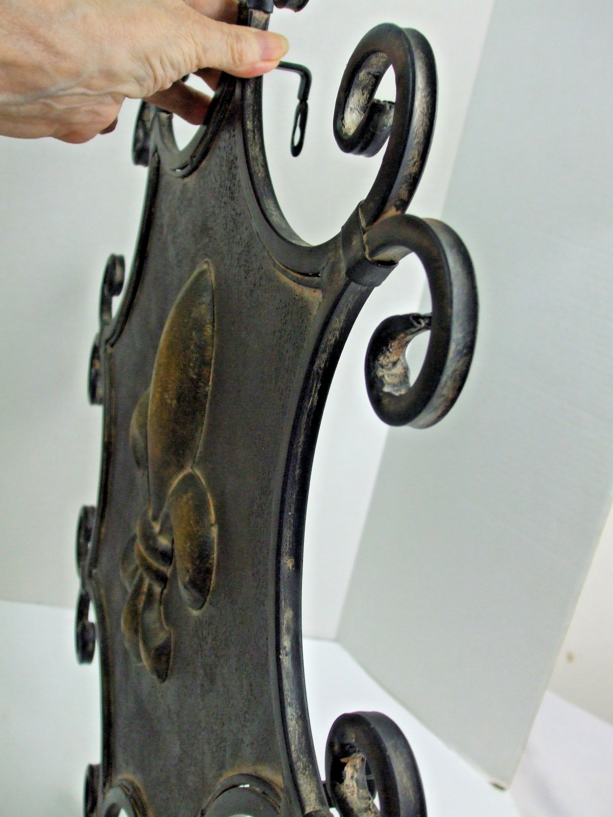Large Fleur De Lis All Metal Wall Art Hanging Black/Bronze Shield Accent 24″ Vtg