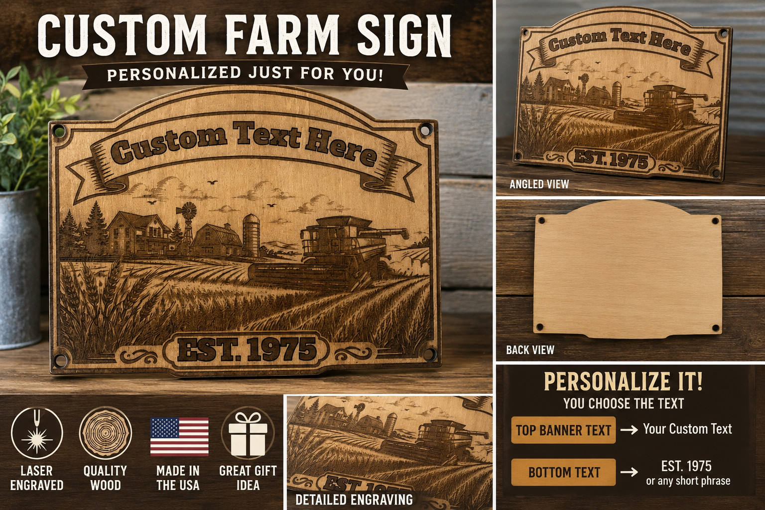 Personalized Farm Sign Custom Barn Harvest Wood Plaque Country Decor