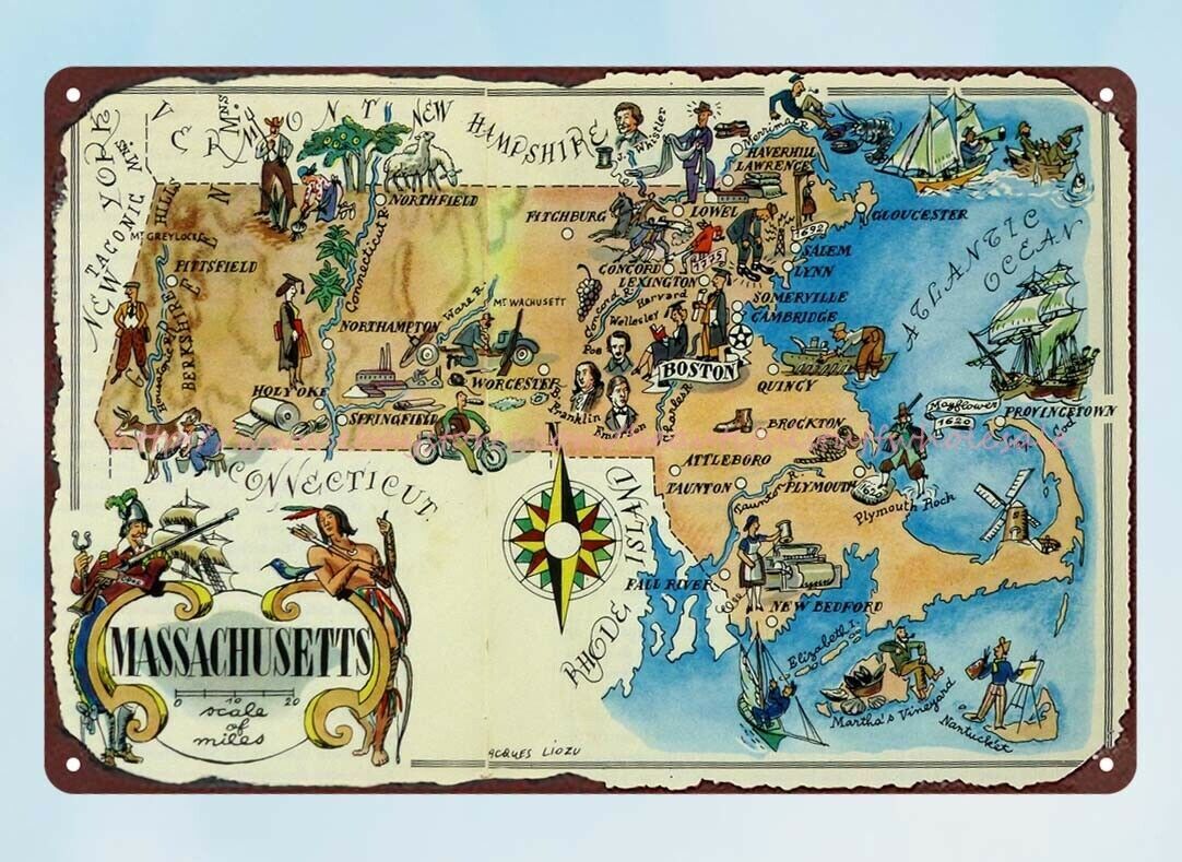 Massachusetts Pictorial Map 1946 metal tin sign wall picture nostalgic