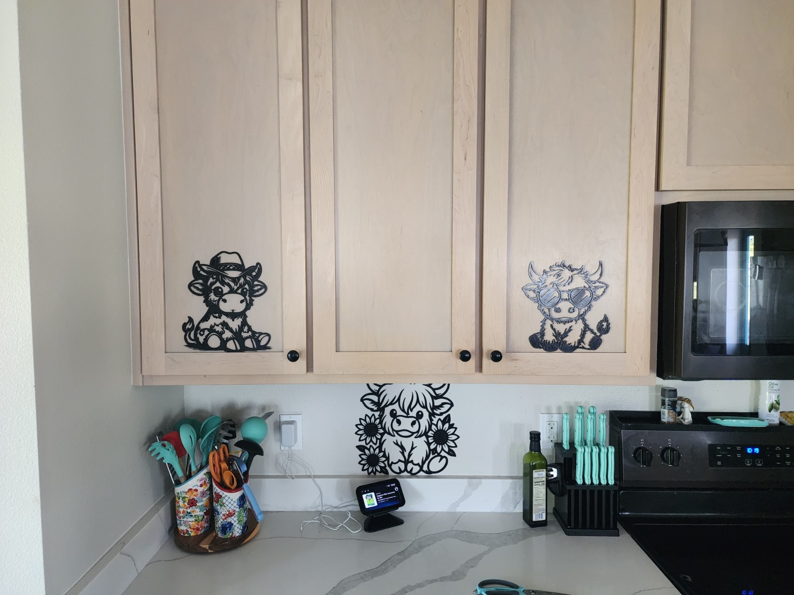 Highland Cow Kitchen Decor Set of 5 Farmhouse Art | Black Baby Cow Wall Decor