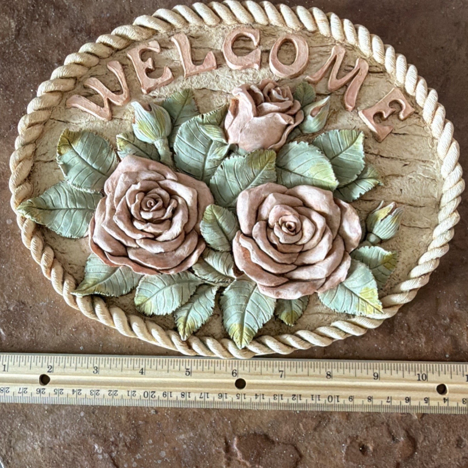 Oval Welcome Floral Wood Wall Plaque Raised Roses 3D Painted 10in Hanging