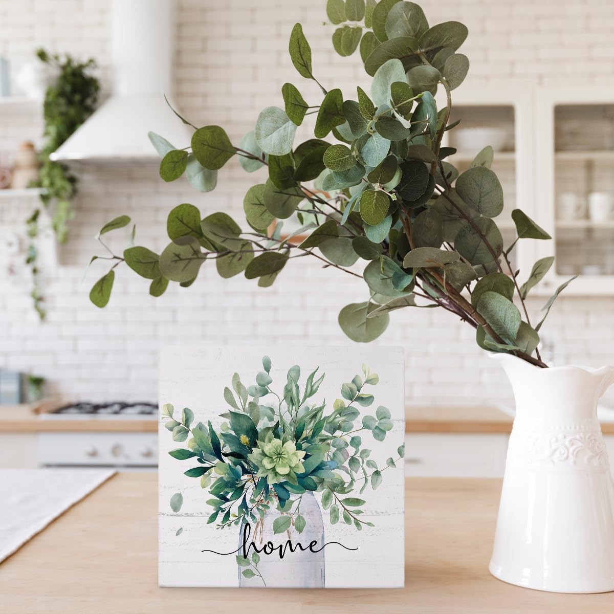 Sage Green Eucalyptus Leaves Wooden Box Sign Decor, Home Sign Shelf Decoratio…