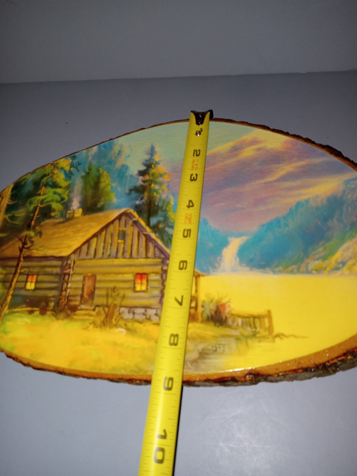 Rustic Log Cabin Landscape on Natural Wood Slice Wall Hanging