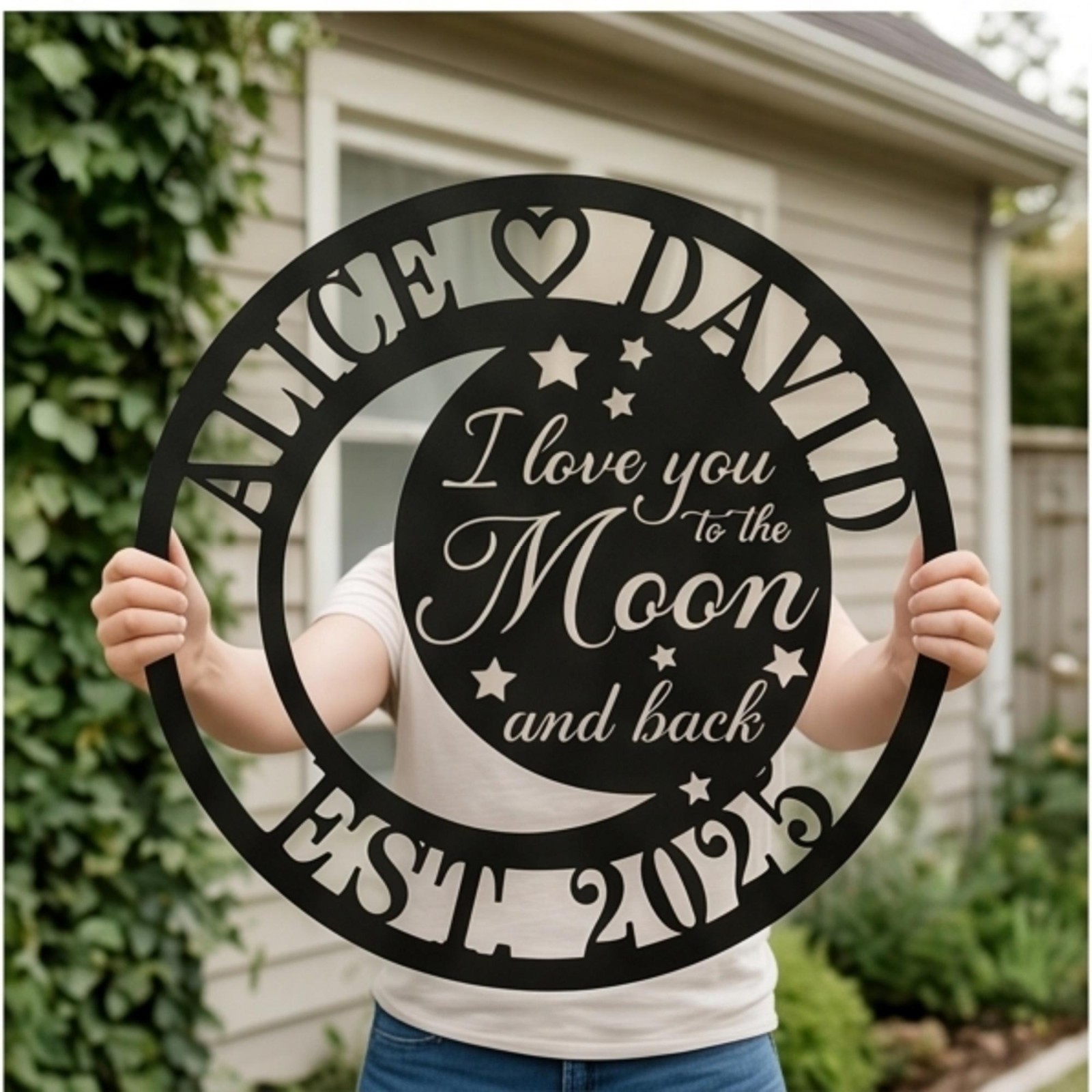 Personalized Moon & Stars Metal Sign, Custom Couple Wall Art, Anniversary Gift