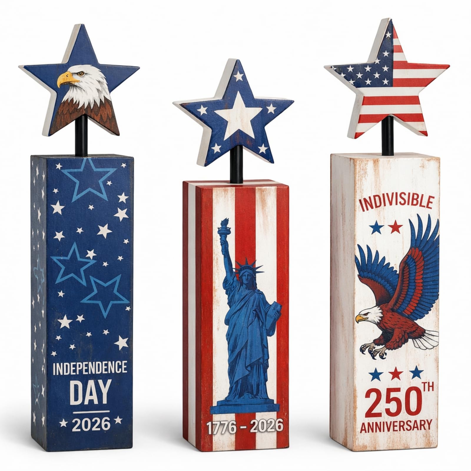 3 Pcs 250th Anniversary Patriotic Decorations 4th of July Table Block Signs M…