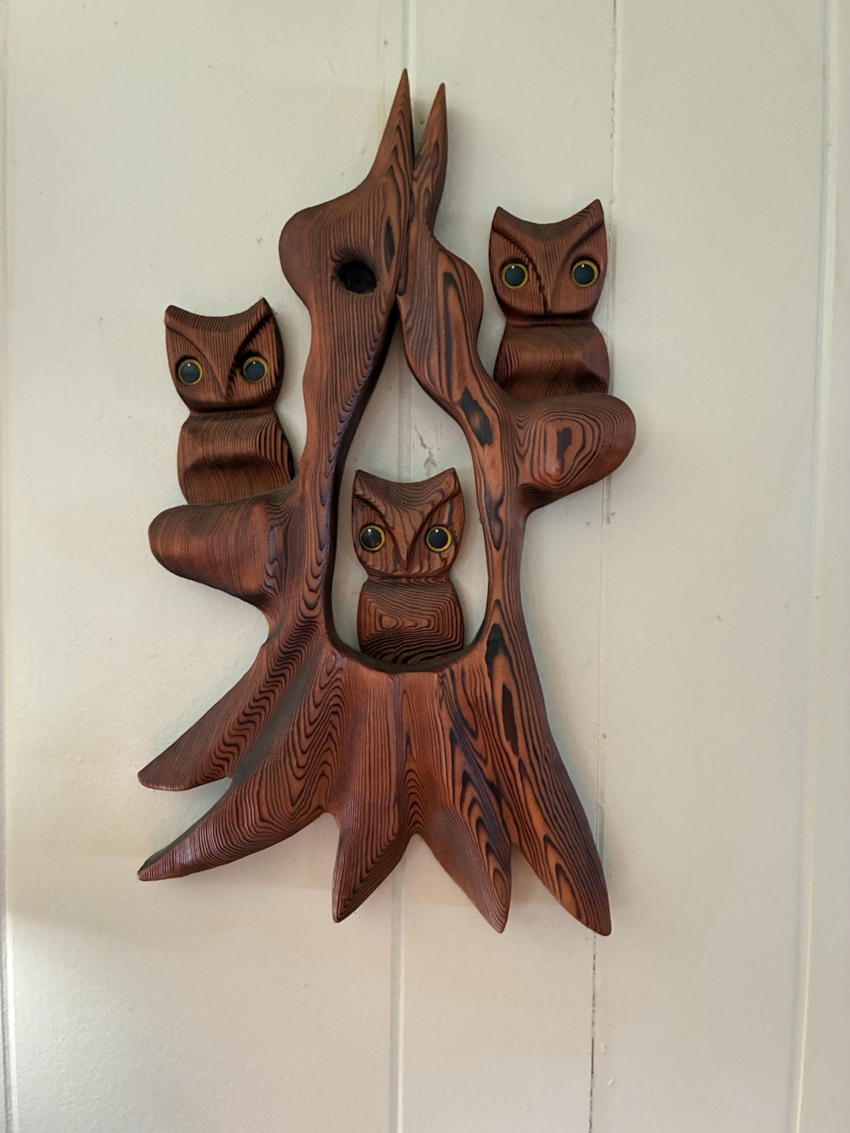 Vintage Wooden Owl Wall Plaque Trio Carved Rustic Decor Country Decor