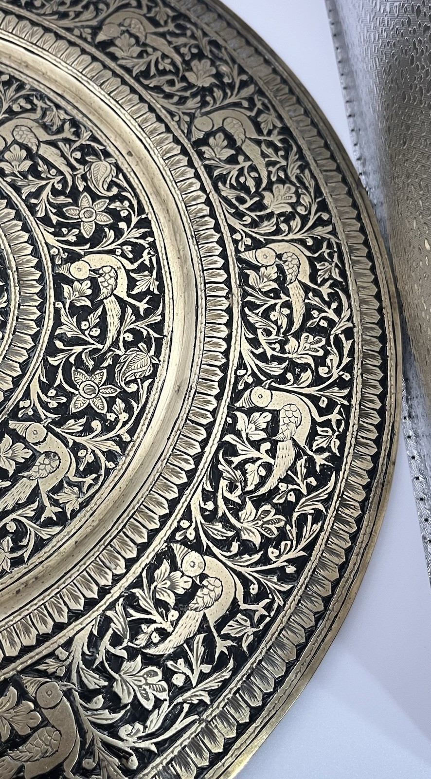 Vintage Hand Engraved Brass Peacock Wall Charger Tray 12” India Decor