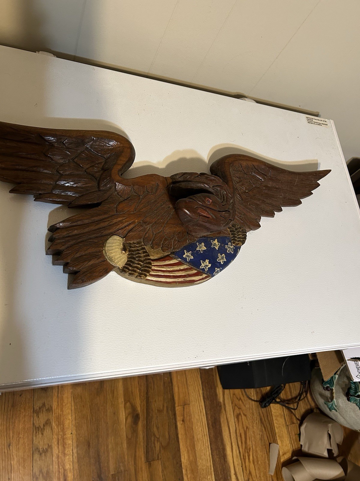 Hand Carved Wood Eagle Wall Plaque Americana Folk Art Patriotic Flag 27 1/2”