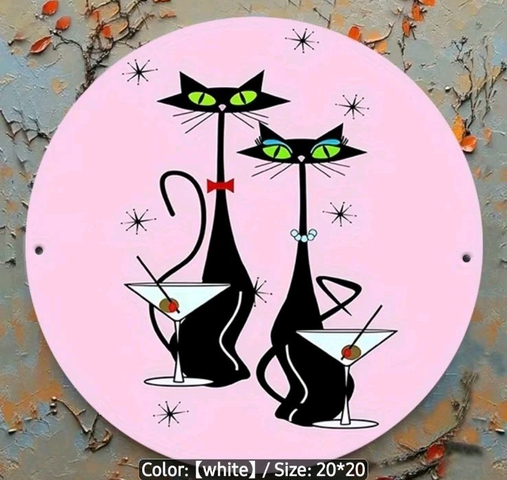 Retro Atomic Black Cat Metal Sign Pink Mid Century Modern Wall Decor Green Eye
