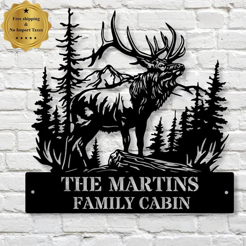 Personalized Elk Metal Sign Custom Family Name Monogram Wildlife Wall Art Decor