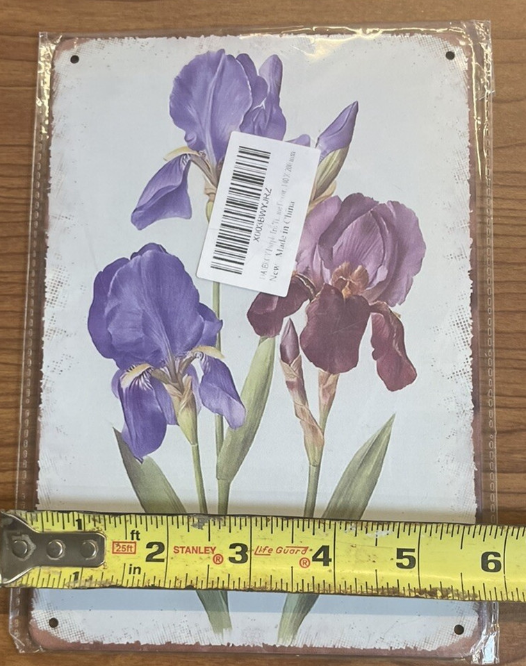 VINTAGE STYLE METAL SIGN DECOR Floral Purple Iris 8” X 6” NEW IN PACKAGE
