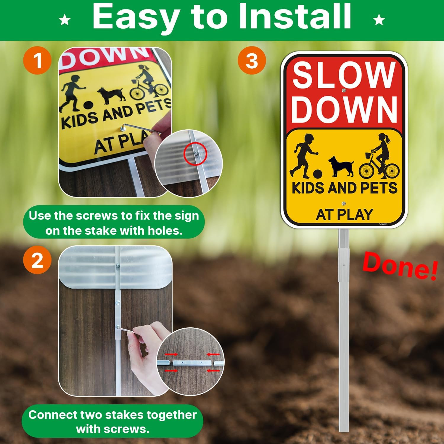 Slow Down Kids Pets At Play Sign w Stake Aluminum Safety Yard Sign 2 Pack 14×10