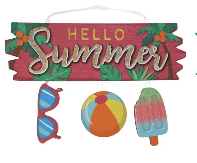 HELLO SUMMER Sign Sunglasses Beach Ball Frozen Treat Decor Glitter Wall Door NEW