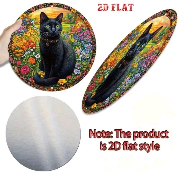 2D Flat Black Cat Garden Round Aluminum Sign Floral Metal Tin Wall Decor 7.87″