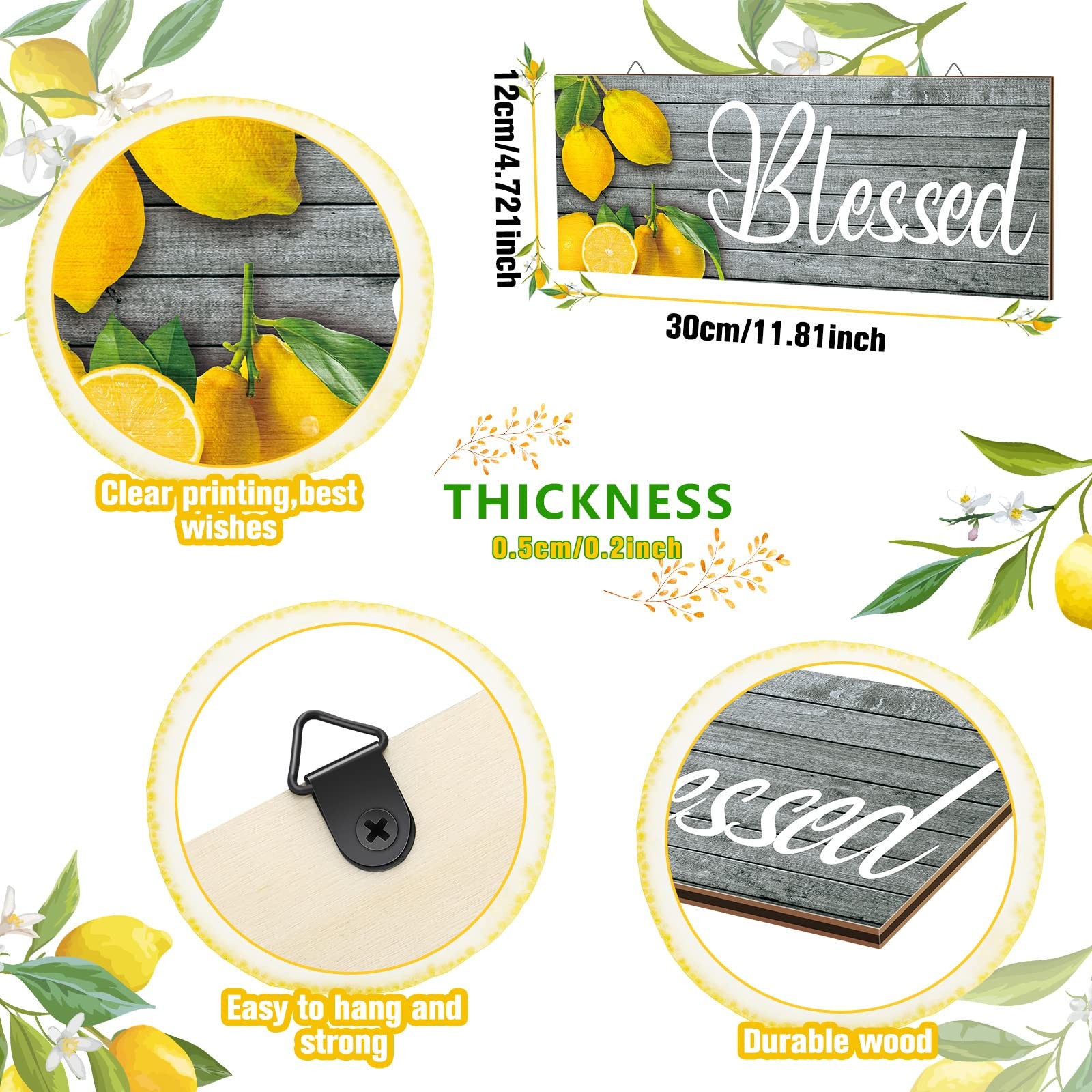 Amyhill 3 Pieces Lemon Wall Decor Grateful 11.81 x 4.72 inches, Multicolor