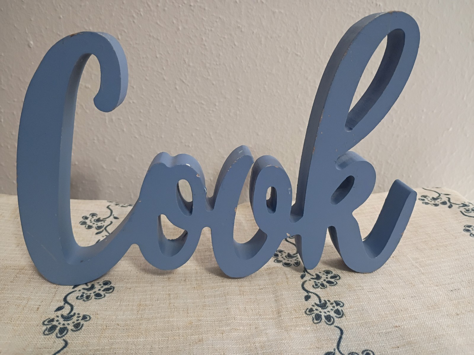 Freestanding Blue Painted Wood “Cook” Word Plaque Shabby Kitchen Decor Sign