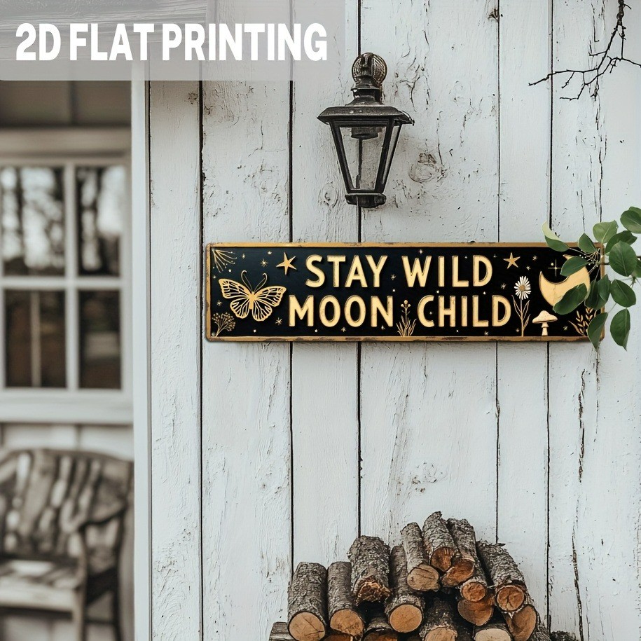 Boho Celestial Wall Metal Sign Stay Wild Moon Child Butterfly Plaque Home Decor