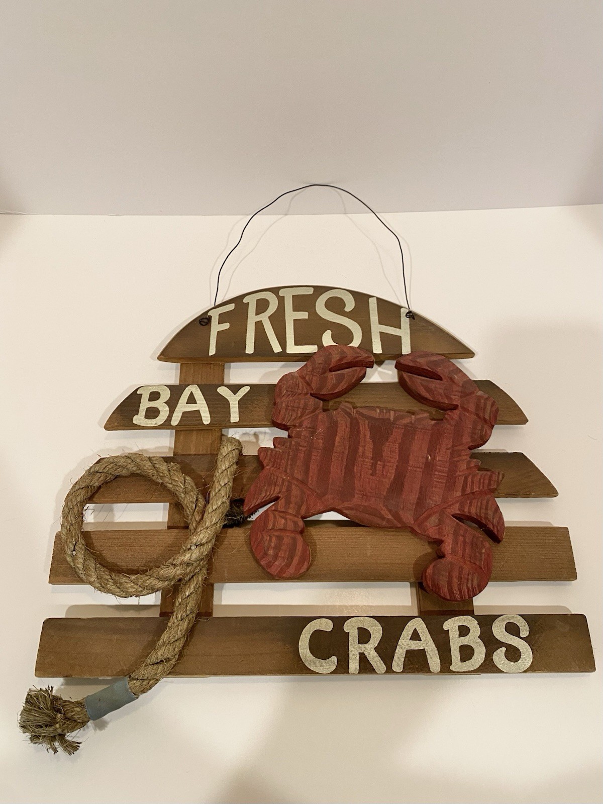 Vintage Wooden Nautical Crab Sign Wall Art Decor With Rustic Rope 14”x16”