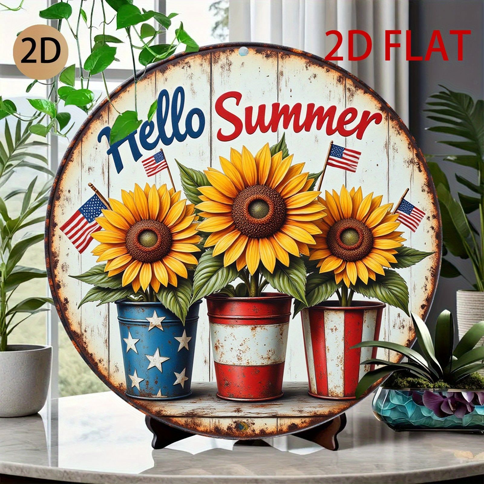 Vintage Hello Summer Sunflower Metal Sign Patriotic 4th July Porch Holiday Decor