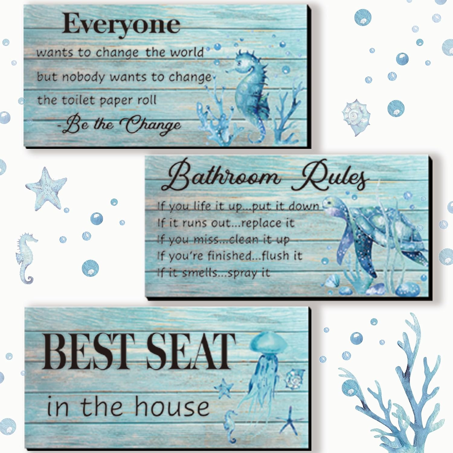 3-Piece Teal Sea Turtle Wall Art – Funny Ocean Beach Bathroom Rules Signs – Best