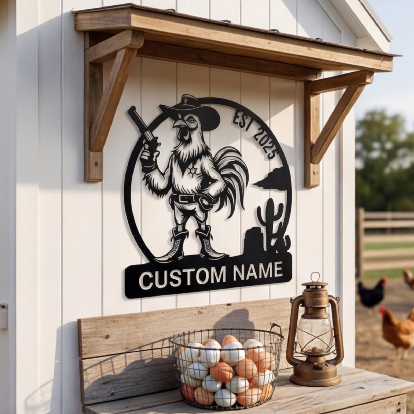Personalized Farm Entrance Sign, Cowboy Rooster Metal Art, Dated Ranch Plaque