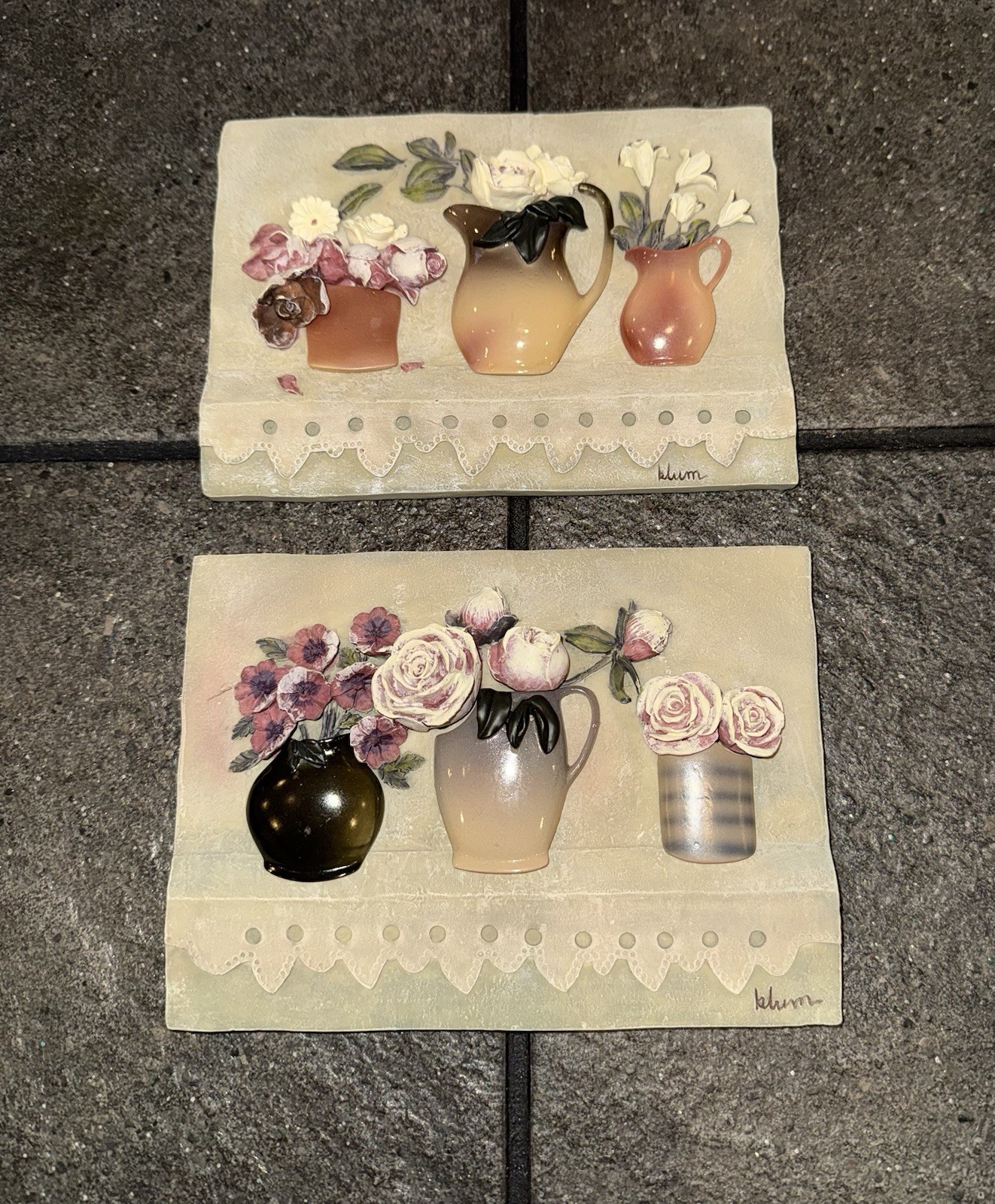 Vintage Pair Of Cheri Blum 3D Resin French Style Floral Wall Tiles Decor Set 2