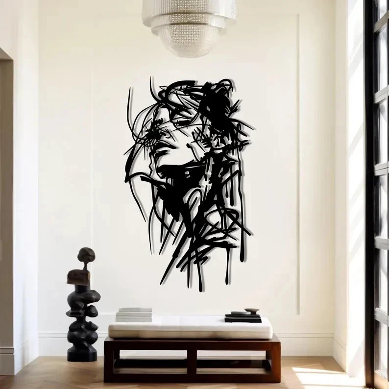 Woman Face Metal Wall Art Abstract Female Line Drawing Sculpture Modern Home Dec