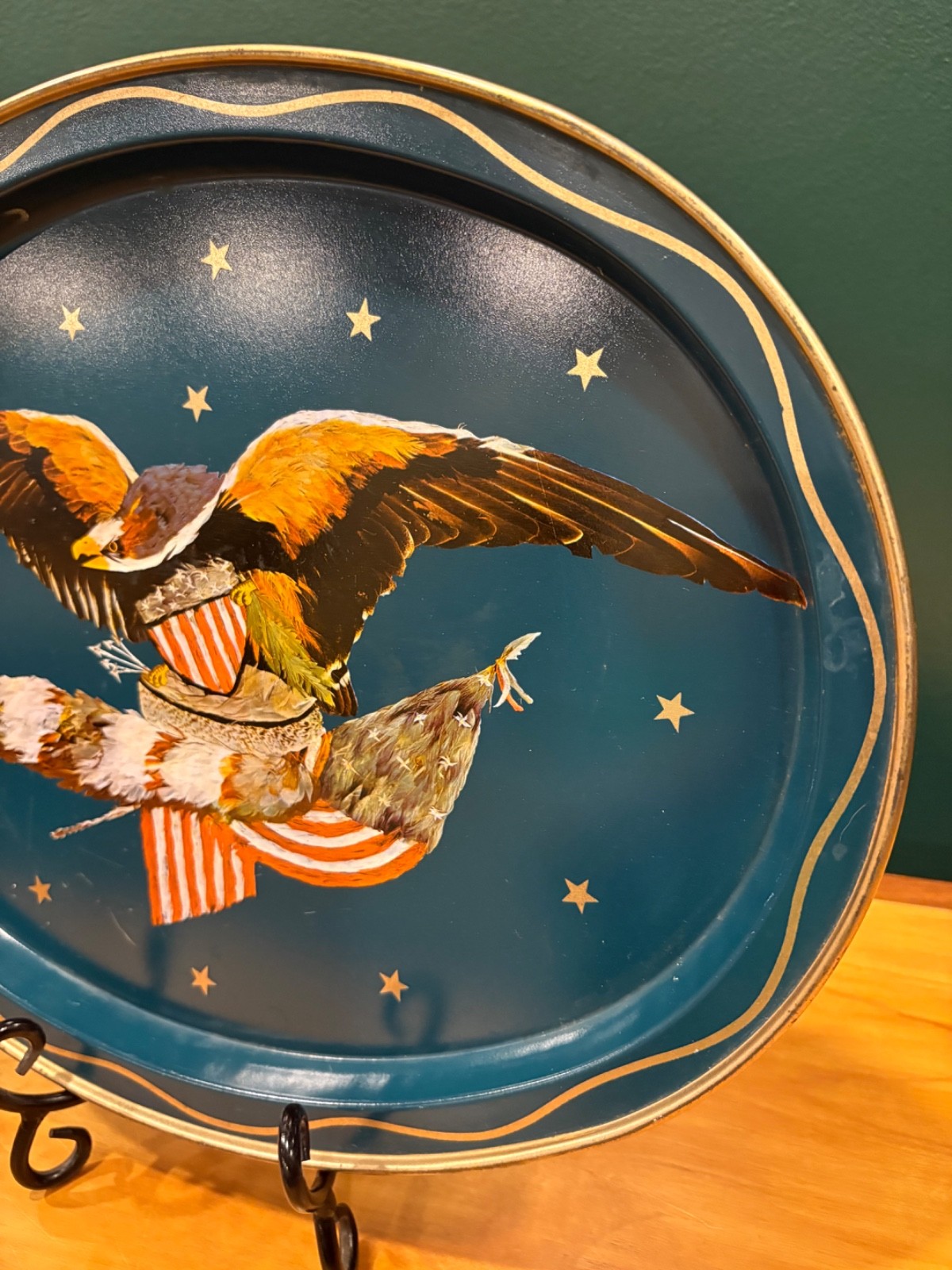 Vintage Americana Metal Try with Bald Eagle and Flag 12 inches wide Patriotic