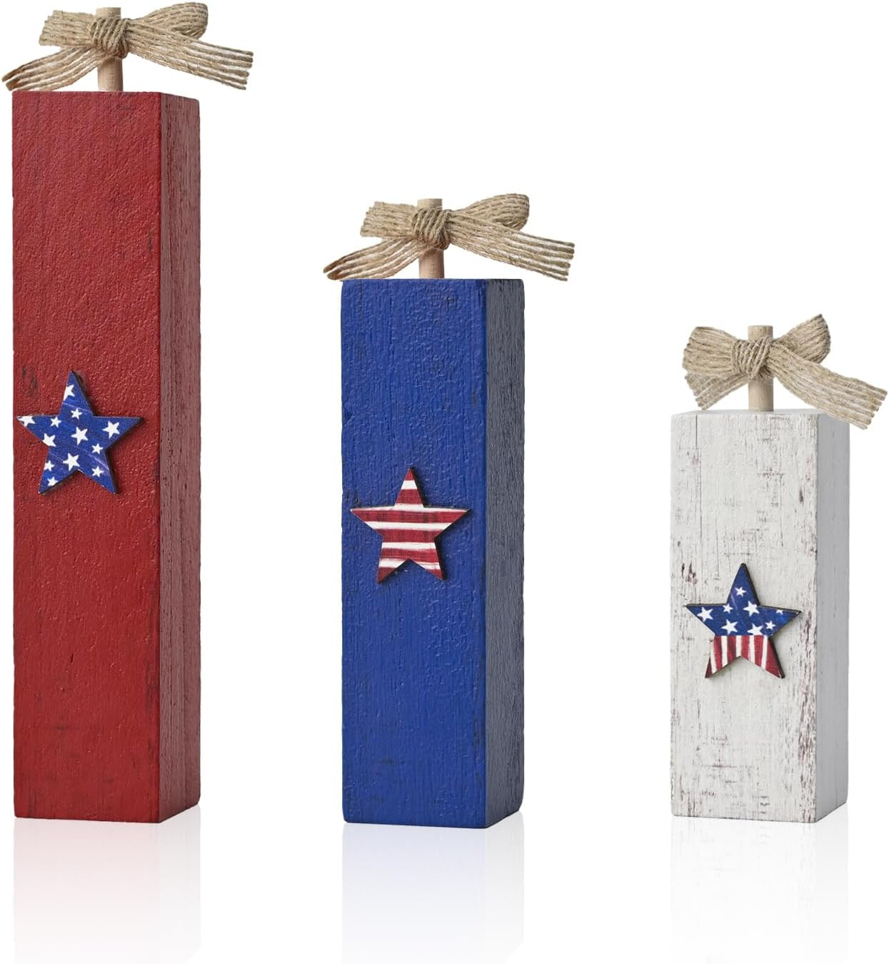 Smile Wooden Patriotic Star Decor Blocks – 3-Piece Red, White, Blue Distressed D