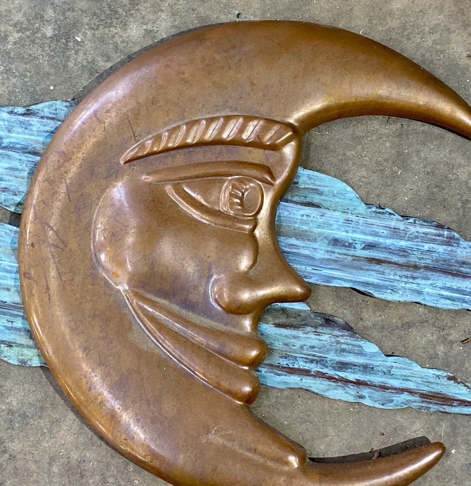 Solid Copper Crescent Moon Amongst Verdigris Clouds Wall Art, 25″ Long