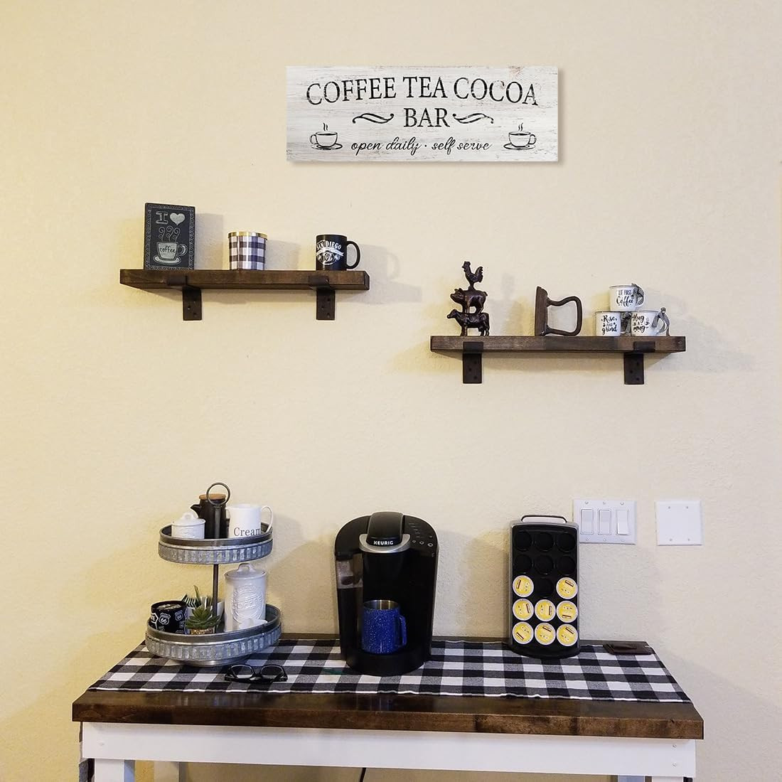 Coffee Tea Cocoa Bar Sign Decor Farmhouse Wall Plaque with Wood Grain Retro Cafe