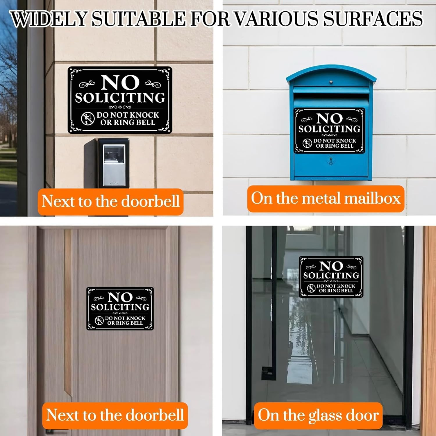 No Soliciting Sign for Front Door 9×6 Inches, 2 Pack Self-Adhesive Aluminum