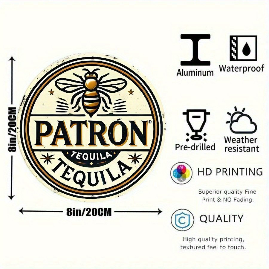 1pc “Patron Tequila” Vintage Tin Metal Signs Wall Art, 8×8 inches Round Aluminum
