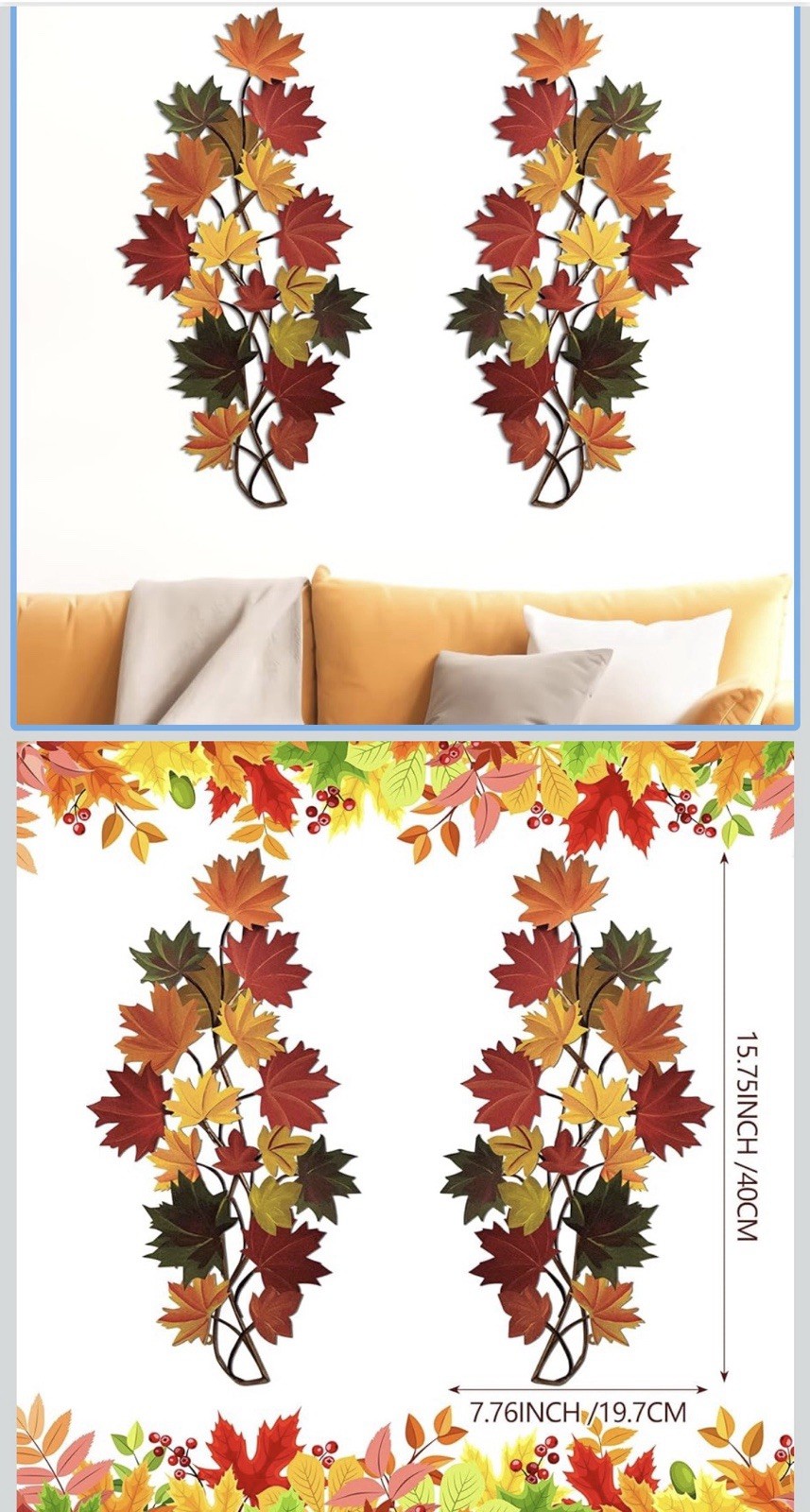 Metal Tree Leaf Wall Decor 2 PCS Rustic Vine Branch Art 15.75 Inch Indoor Outdo