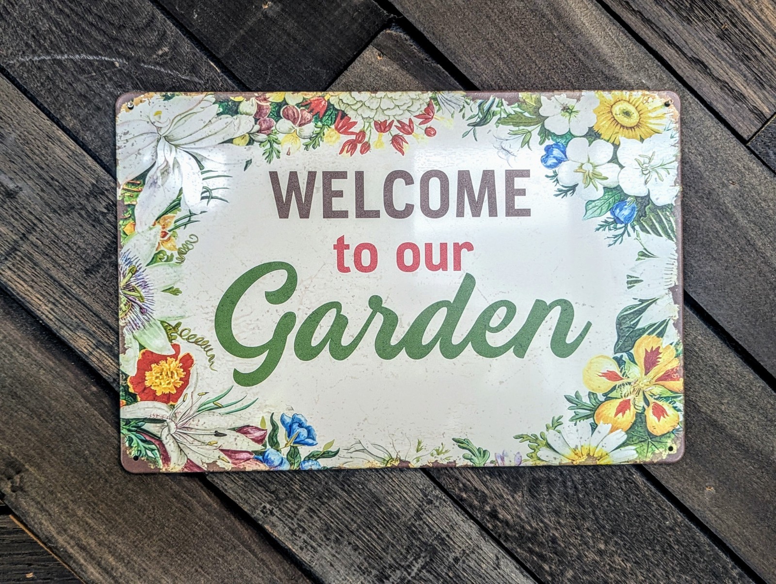 Welcome To Our Garden Sign – Floral Botanical Outdoor Decor – 12 x 8 in