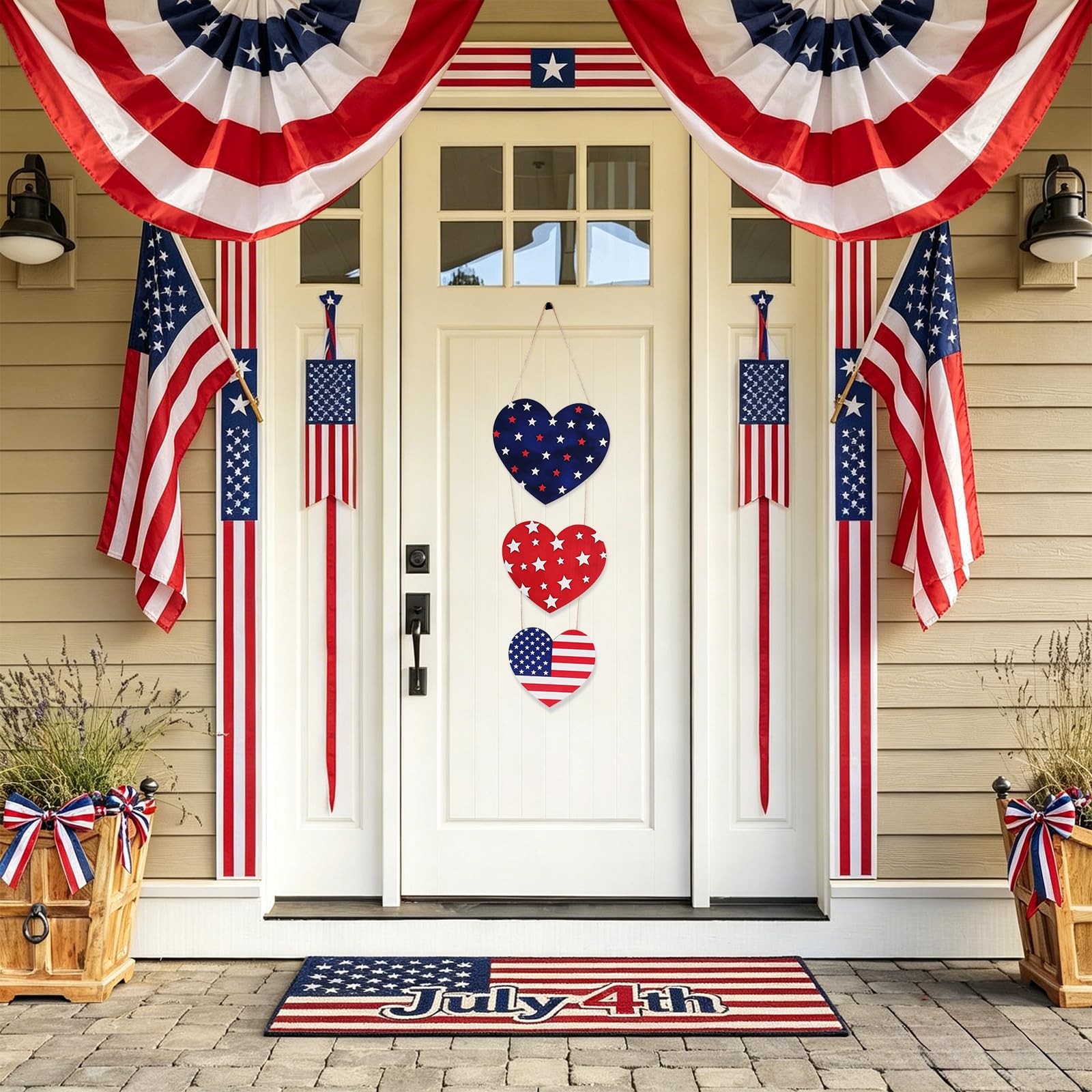 4Th of July Heart Door Hanger, 3-Layer Patriotic Welcome Sign, Red White Blue St