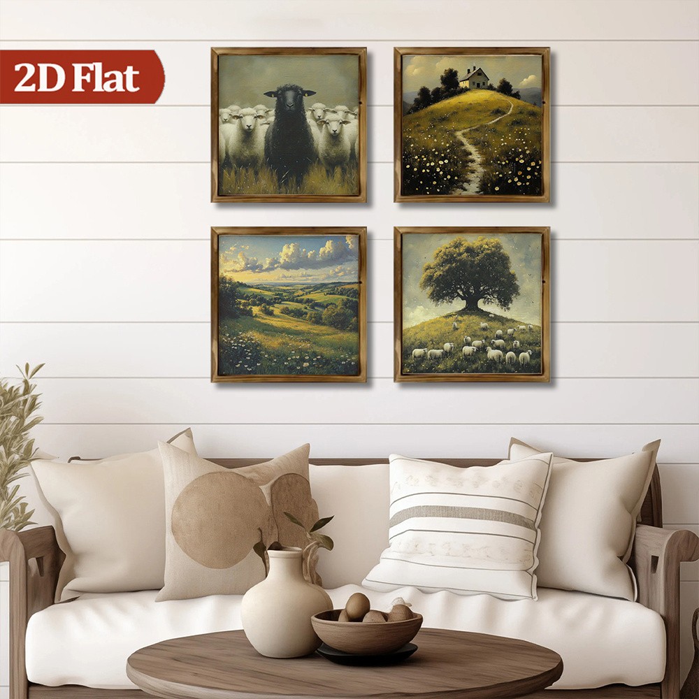 4Pcs Sheep Rural Landscape Framed Wall Art Rustic Living Room Wooden Sign Gift