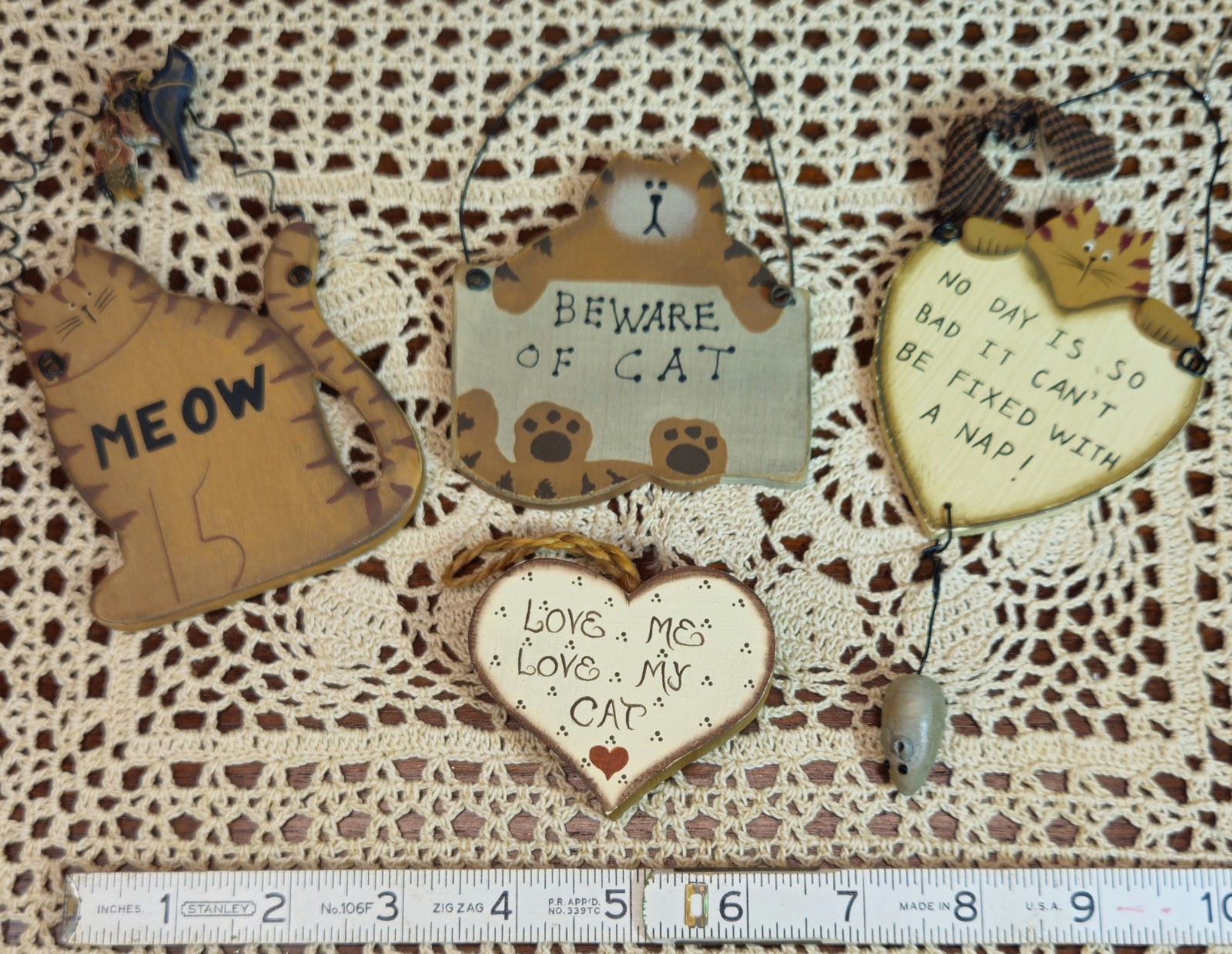 Set of 4 Small Wooden Hanging Folk Art Signs Humorous Cat Theme