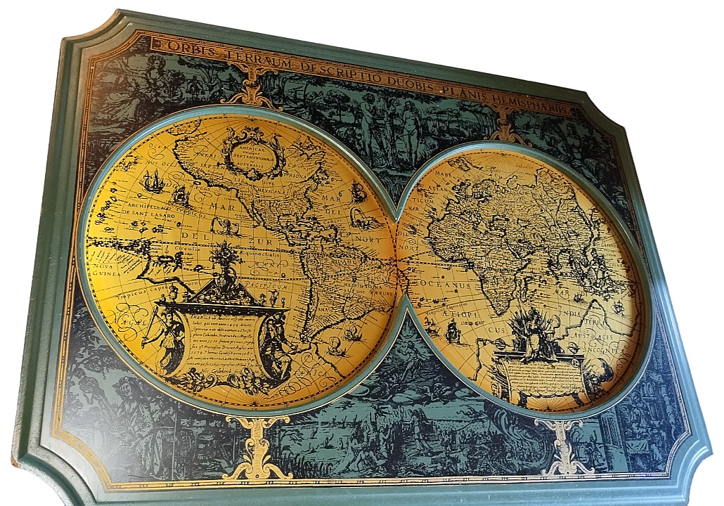 Vintage Double Hemisphere World Map Wall Plaque Gilt Adam & Eve 1950s-70/43″x32″